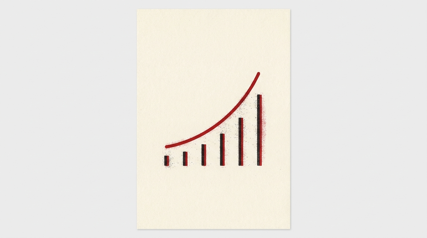 A compounding growth curve rising over thin bars — organic pipeline accumulating month over month.